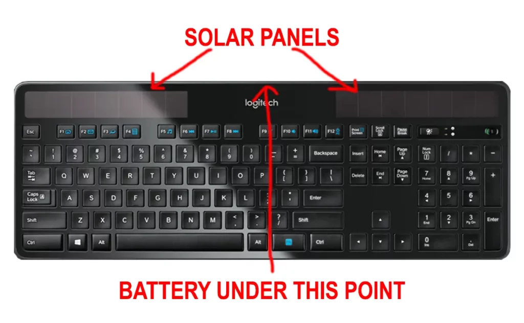 A diagram of the logitech solar keyboard, showing the location of the batteries and the solar panel